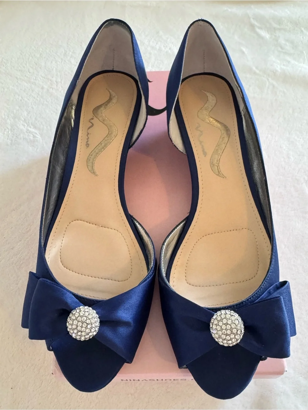 Nina Ronelle Peep Toe Blue Satin Low Heel Wedge Formal Pump Size 8M